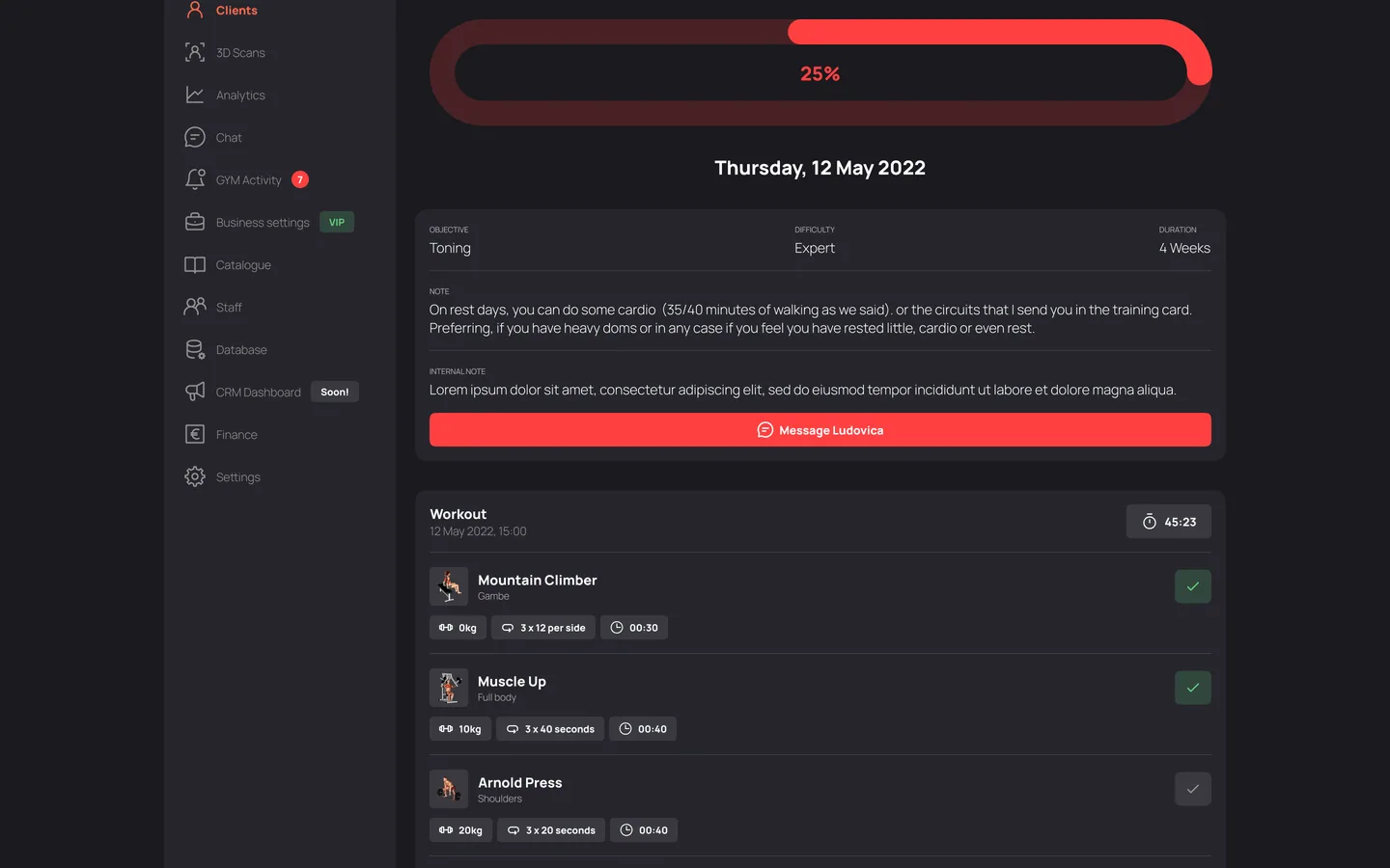 Exercises overview — the client's workout of the day