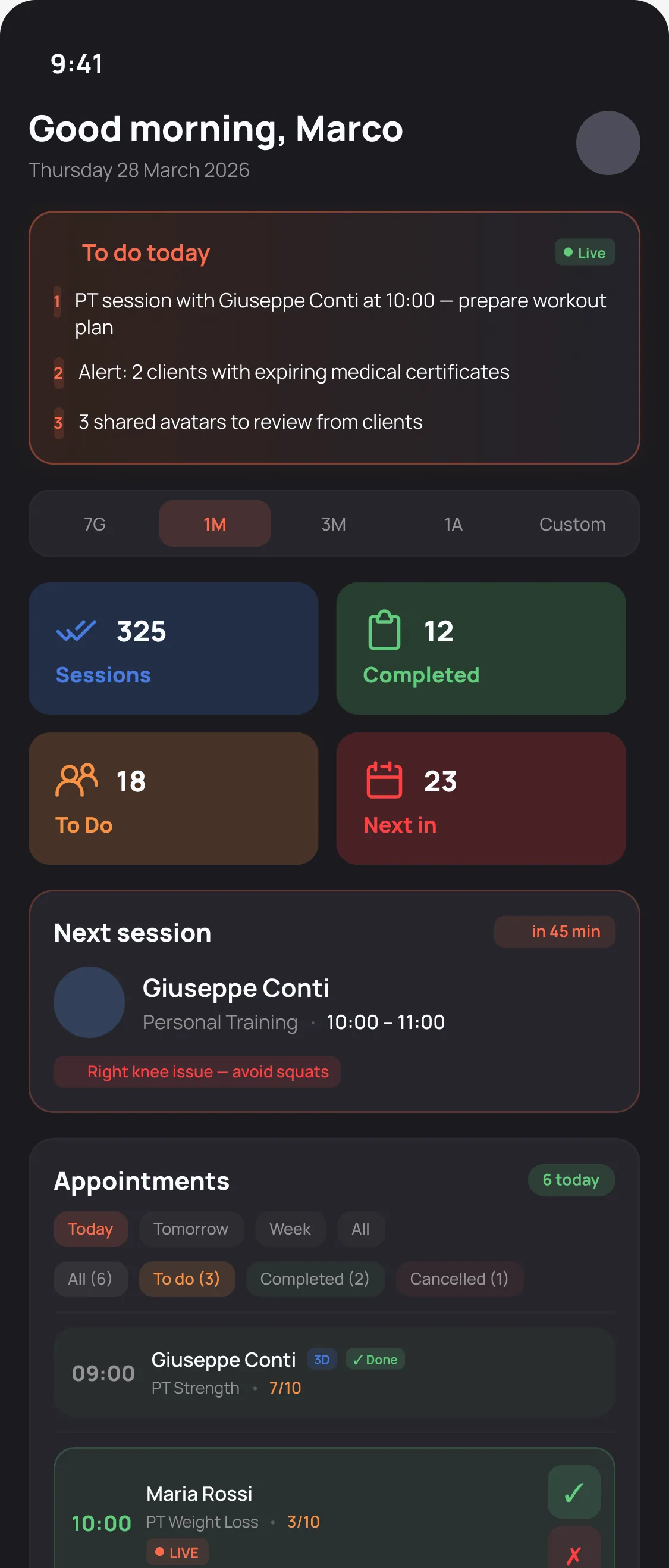 The coach's own dashboard
