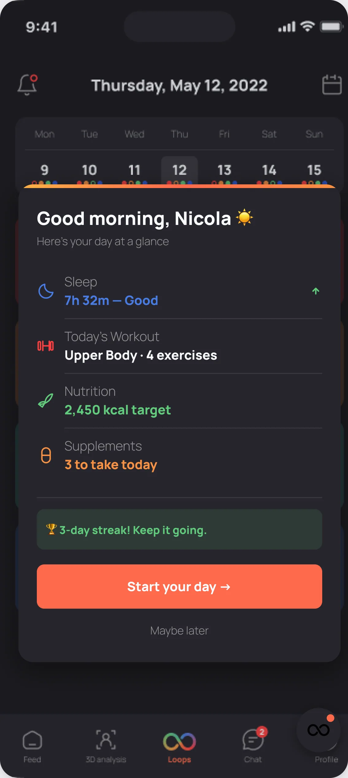Morning briefing — sleep, workout, nutrition, supplements